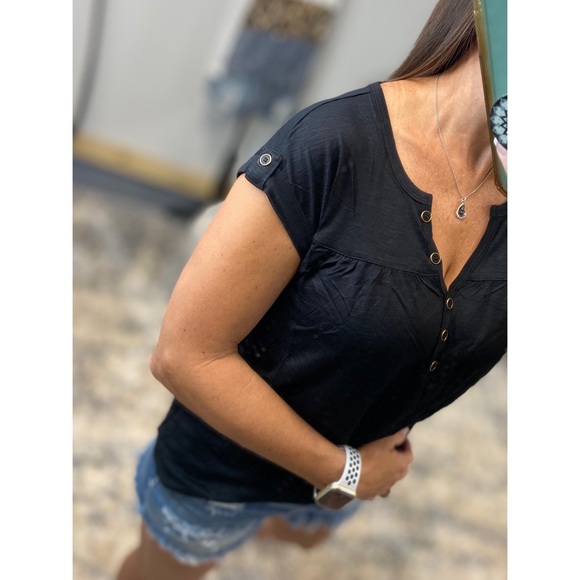 Melange Burnout Henley V-neck Floaty Short Cuffed Tabbed Sleeve Black 3221 - Picture 4 of 13